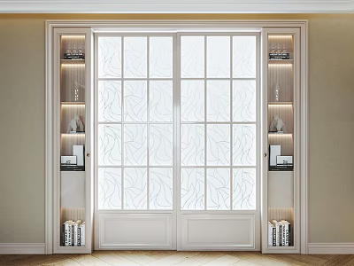 Elegant Interior Sliding Doors With Patterned Glass And Side Display Cabinets 3d model