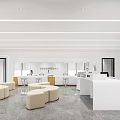 Modern White Service Hall Interior with Curved Sofas Counters Computer Equipment and Ceiling Light Strips 3d model
