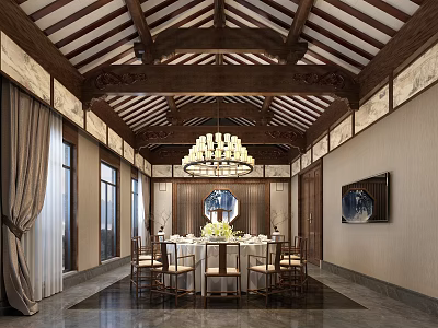 New Chinese Style Room Model Room Restaurant Dining Room Villa Restaurant Chandelier Chinese Restaurant Dining Table and Chair TV 3d model