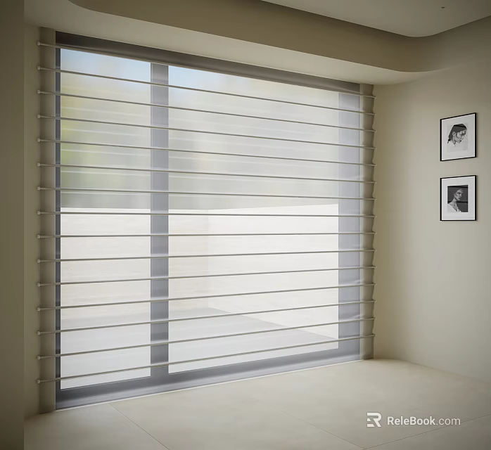 Light Horizontal Window Blinds In Modern Bright Room With Framed Art Decor 3d model 
