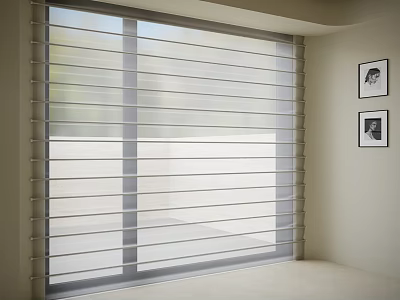 Light Horizontal Window Blinds In Modern Bright Room With Framed Art Decor 3d model