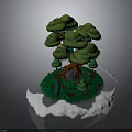 Modern 3D Island Scene With Large Tree Green Leaves Red Trunk Small Plants White Base
