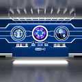 Futuristic Tech Exhibition Area With Blue Background Circular Screens And Display Counter