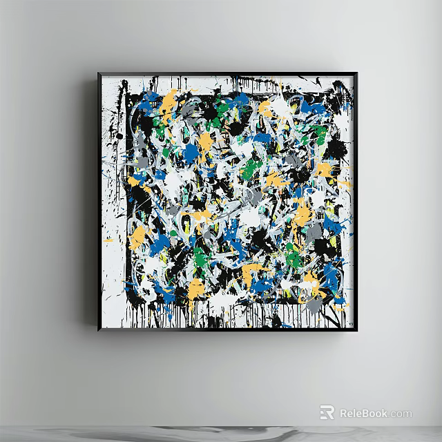 Vibrant Abstract Painting With Splattered Blue Yellow Green White And Black Colors 3d model 