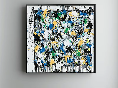 Vibrant Abstract Painting With Splattered Blue Yellow Green White And Black Colors 3d model
