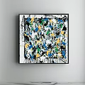 Vibrant Abstract Painting With Splattered Blue Yellow Green White And Black Colors