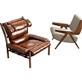 Minimalist Single Sofa Interior With Brown Leather And Beige Fabric Wooden Legs Design