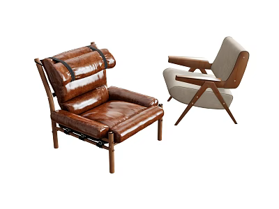 Minimalist Single Sofa Interior With Brown Leather And Beige Fabric Wooden Legs Design 3d model