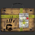 Vintage Brown Suitcase With Yellow Tape Handprint And Warning Labels