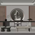 New Chinese Tea Room Tea Table Background Wall Green Planting 3d model