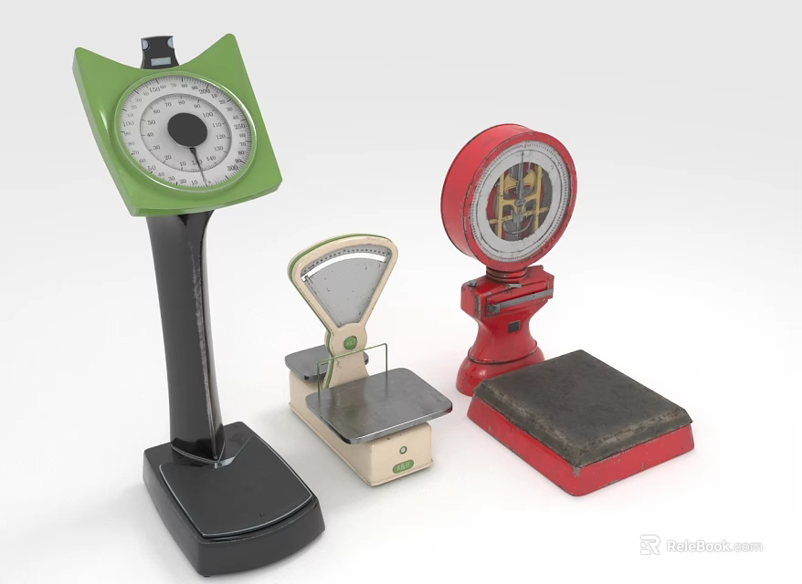 Vintage Weighing Scales Collection Featuring Green Beige And Red Retro Designs 3d model 