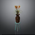 Decorative Brown Vase With Orange Red Flowers On Blue Small Stool