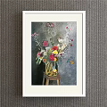 Botanical Painting with Colorful Flowers in Yellow Vase on Wooden Stool Dark Background