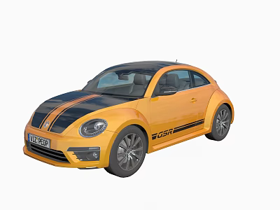 Yellow Beetle Car With Black Roof And Sport Stripes Design 3d model