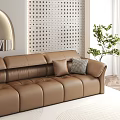 Brown Leather Multi Seat Sofa Living Room With Cushions Arched Shelf Plant And Wooden Floor