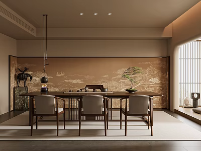 Traditional Tea Room Interior Design With Wooden Table Chairs Wall Art And Plants 3d model