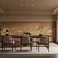 Traditional Tea Room Interior Design With Wooden Table Chairs Wall Art And Plants