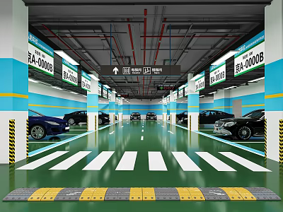 Modern Indoor Parking Garage With Directional Signage Green Flooring Yellow Speed Bumps And Parked Cars 3d model