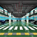 Modern Indoor Parking Garage With Directional Signage Green Flooring Yellow Speed Bumps And Parked Cars