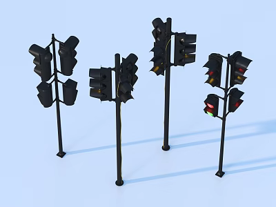 Black Traffic Light Models In Various Styles Standing On Metal Poles 3d model