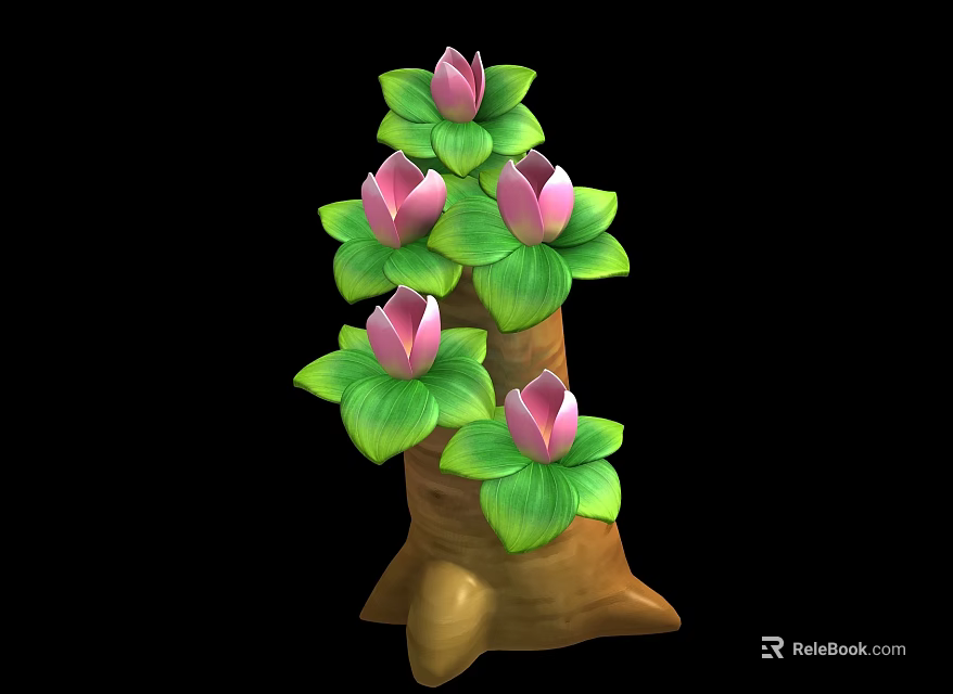 Artistic Decorative Tree with Pink Flowers Green Leaves and Brown Trunk 3d model 