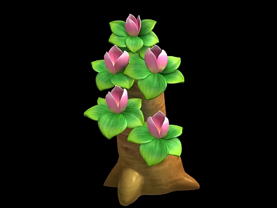Artistic Decorative Tree with Pink Flowers Green Leaves and Brown Trunk 3d model