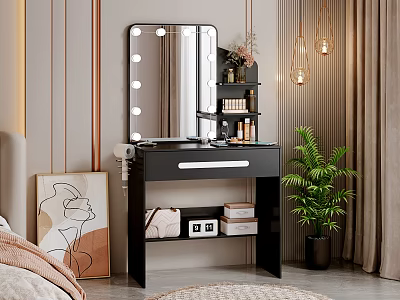Modern Black Dressing Table With Lighted Mirror And Storage Shelves In Bedroom Interior 3d model