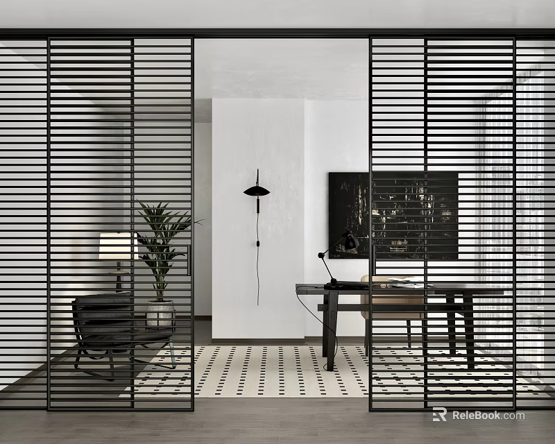 Black Vertical Slat Sliding Doors Design For Modern Interior Office And Living Space 3d model 