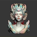 Intricate Woman Sculpture With Colorful Pastel Headpiece And Artistic Fantasy Upper Body