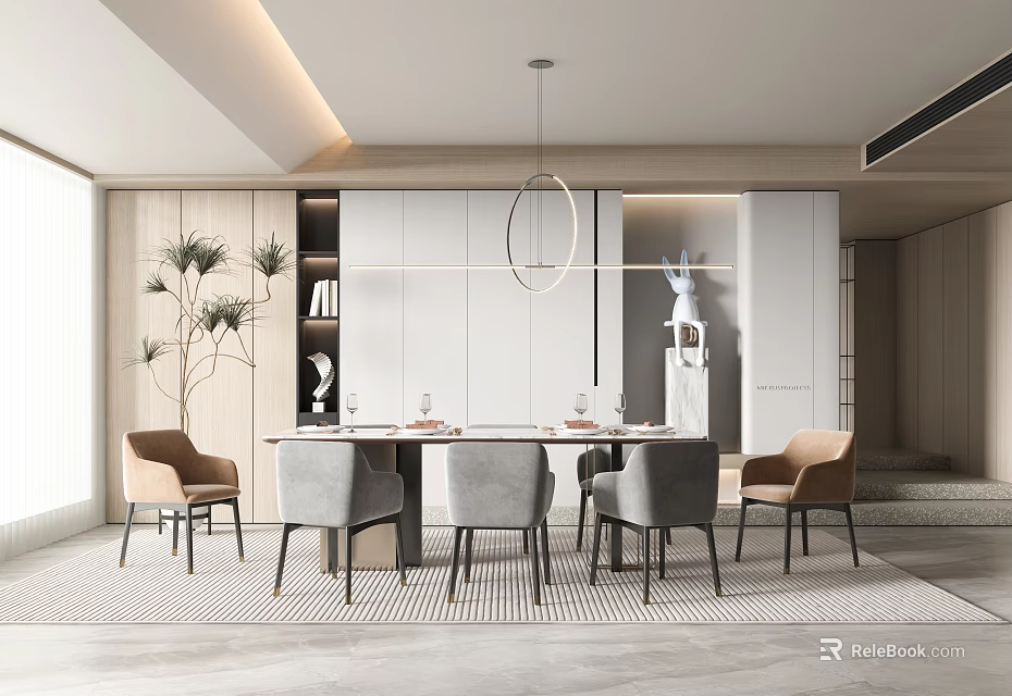 Modern Restaurant Interior Design With Round Pendant Light Gray Chairs And Wooden Decor 3d model 