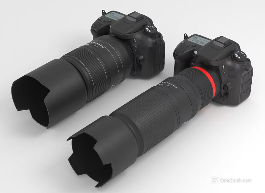 Two Professional Digital DSLR Cameras With Long Lenses And Red Ring Design 3d model 