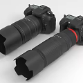 Two Professional Digital DSLR Cameras With Long Lenses And Red Ring Design