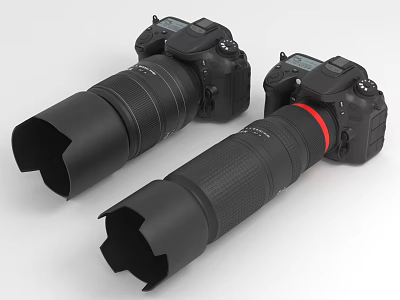 Two Professional Digital DSLR Cameras With Long Lenses And Red Ring Design 3d model