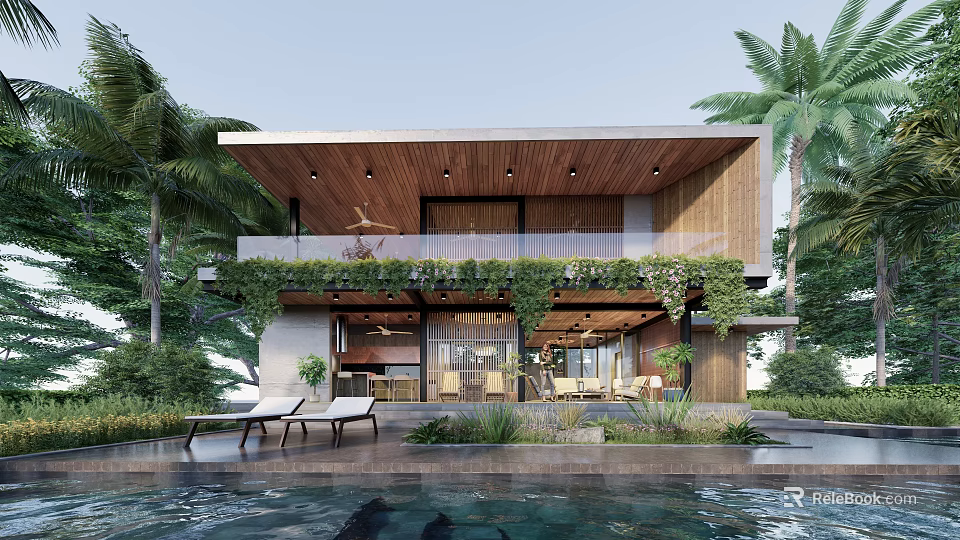 Luxury Detached Villa with Modern Design Swimming Pool and Lush Palm Trees 3d model 
