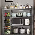 Modern Kitchen Shelf Organizer With Microwave Toaster Fruits Bottles And Mugs