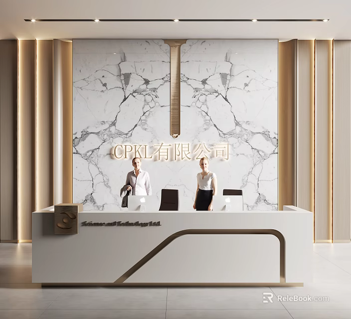 Modern Luxury Reception Desk With Marble Backdrop And Staff In Office Lobby 3d model 