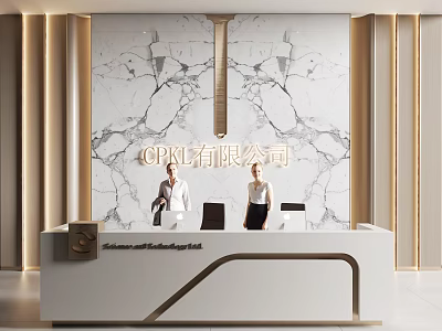 Modern Luxury Reception Desk With Marble Backdrop And Staff In Office Lobby 3d model