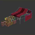 Red Canvas Tent With Wooden Barrels And Crates For Outdoor Living Supplies