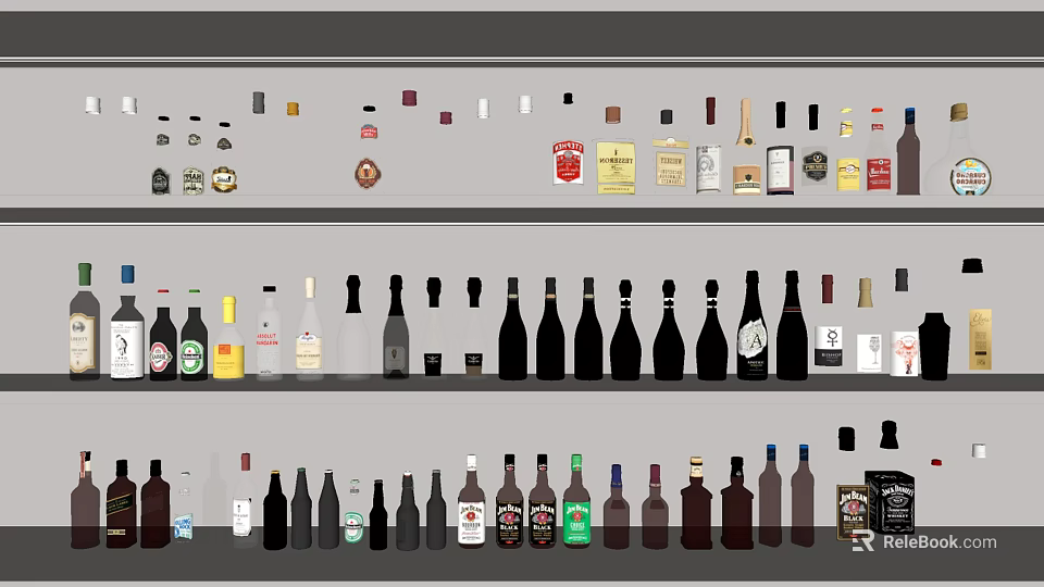 Assorted Wine Bottles and Glasses Displayed on Shelves with Various Labels and Designs 3d model 