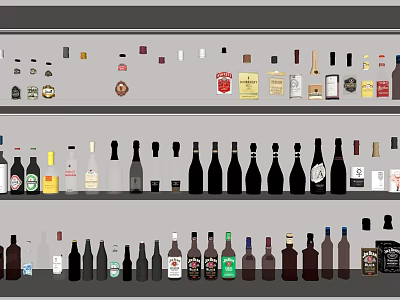Assorted Wine Bottles and Glasses Displayed on Shelves with Various Labels and Designs 3d model
