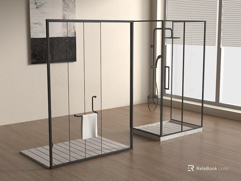Modern Shower Sauna Interior Design with Glass Enclosure Metal Frame and Wooden Floor 3d model 