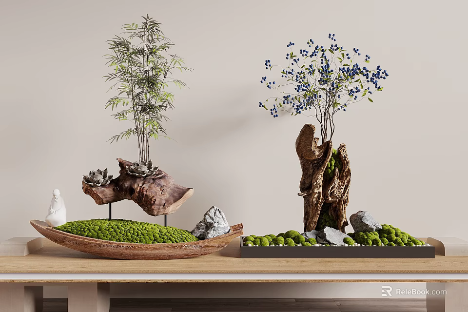 Natural Garden Decorative Pieces Featuring Bamboo Moss Stones and Blue Flowered Tree in Wooden Bowls 3d model 