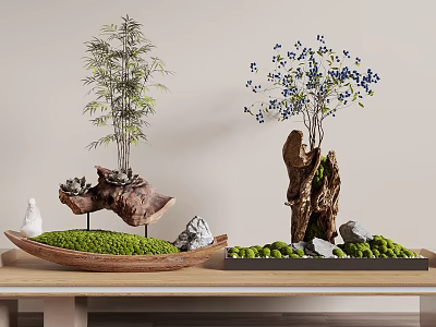 Natural Garden Decorative Pieces Featuring Bamboo Moss Stones and Blue Flowered Tree in Wooden Bowls 3d model