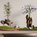 Natural Garden Decorative Pieces Featuring Bamboo Moss Stones and Blue Flowered Tree in Wooden Bowls