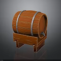 Orange Wooden Wine Barrel with Silver Metal Hoops on Wooden Stand with Legs