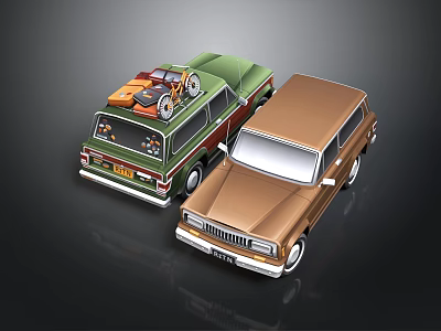 Vintage Station Wagons Green And Brown With Camping Gear On Roof Parked Side By Side 3d model