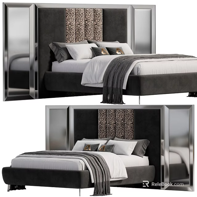Elegant Double Bed With Upholstered Leopard Print Headboard White Sheets Gray Throw And Chrome Frame 3d model