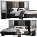 Elegant Double Bed With Upholstered Leopard Print Headboard White Sheets Gray Throw And Chrome Frame 3d model