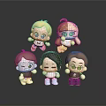 Cartoon Woman Character With Colorful Hairstyles And Outfits In Chibi Style On Reflective Gray Background