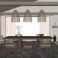 Cozy Restaurant Interior With Rattan Pendant Lights Mountain View And Wooden Dining Table